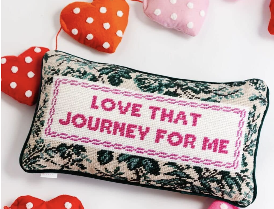 love that journey for me needlepoint pillow, schitts creek gifts